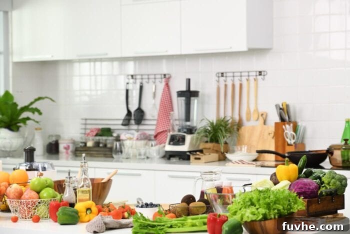 Iron Rich Vegan Foods 3 A kitchen with fruits and vegetables on the counter.