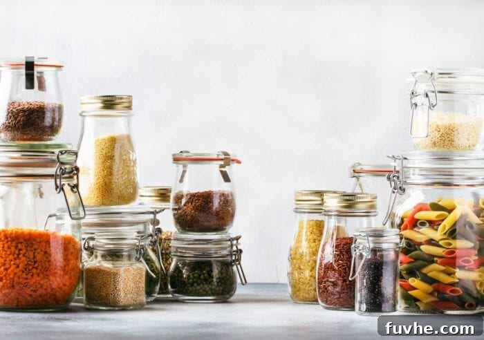 Iron Rich Vegan Foods 4 Various cereals, pasta, nuts and seeds in glass containers.