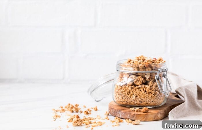 Iron Rich Vegan Foods 10 A glass container of granola on a counter.