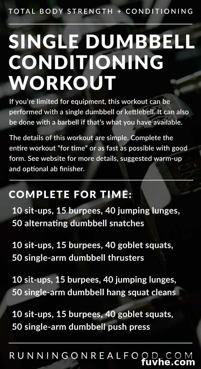 Unilateral Dumbbell Workout 2 Detailed workout instructions and exercises for an intense single-arm dumbbell full-body workout, featuring warm-up, main rounds, and an abs finisher.