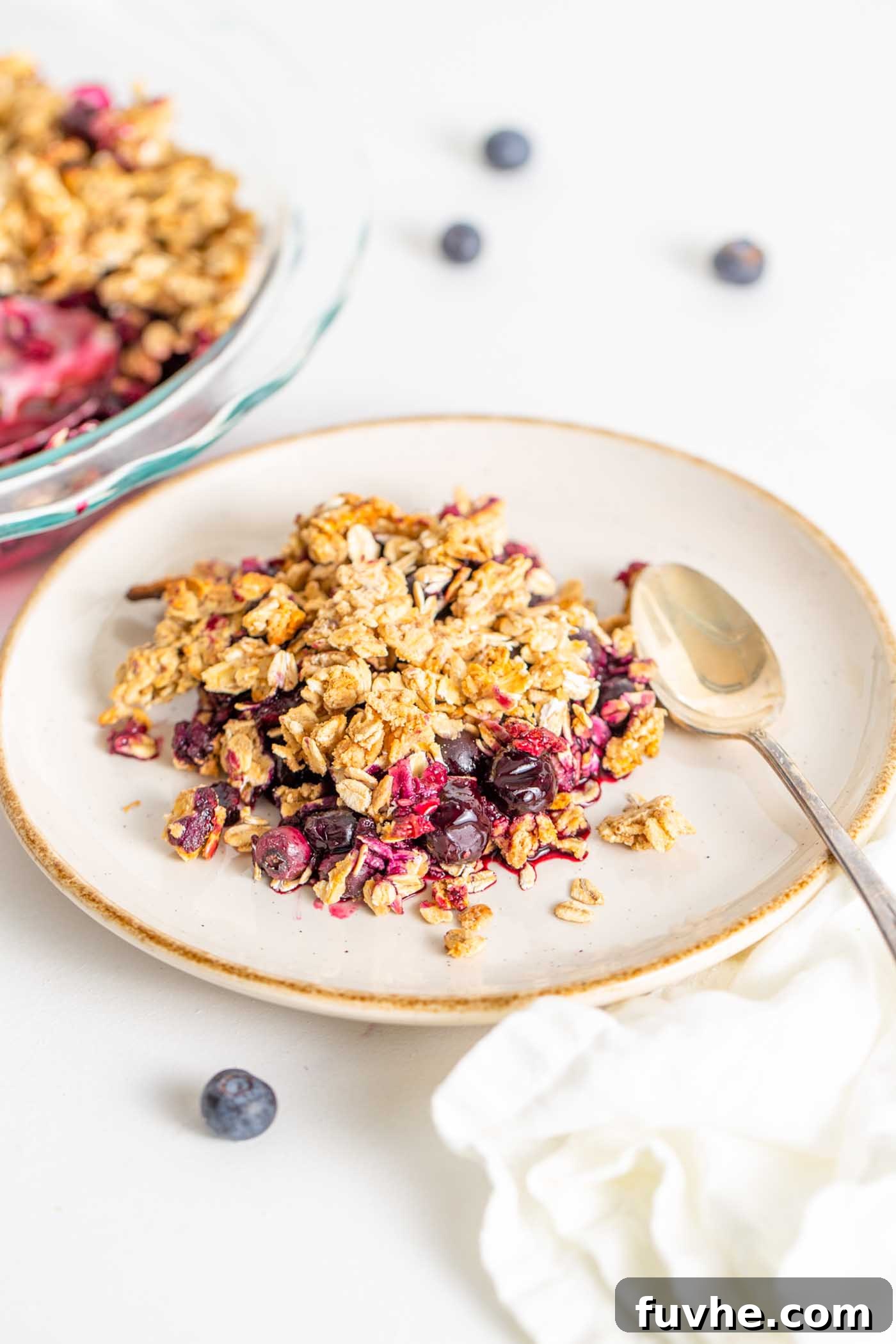 Wholesome Vegan Blueberry Crumble 2 A serving of vegan blueberry crisp on a plate with a spoon, showing the golden-brown oat topping and vibrant blueberry filling.