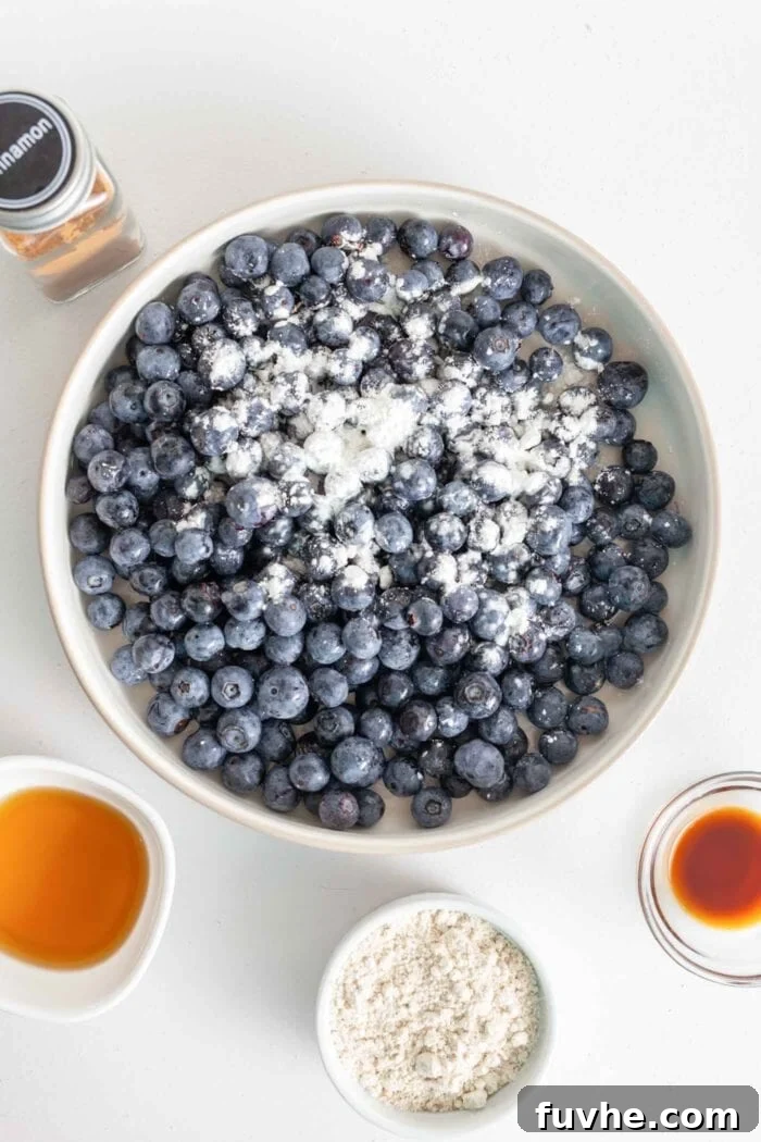 Wholesome Vegan Blueberry Crumble 4 Fresh blueberries tossed with cornstarch and lemon juice, ready to be baked in a pie dish, creating a vibrant base for the crisp.