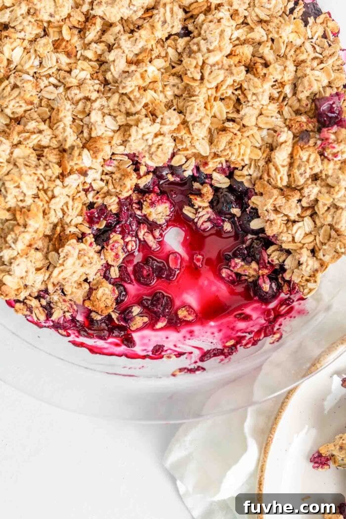 Wholesome Vegan Blueberry Crumble 7 An overhead shot of a freshly baked blueberry crisp, with a scoop already taken out, revealing the luscious, thick blueberry filling and the crispy oat topping.