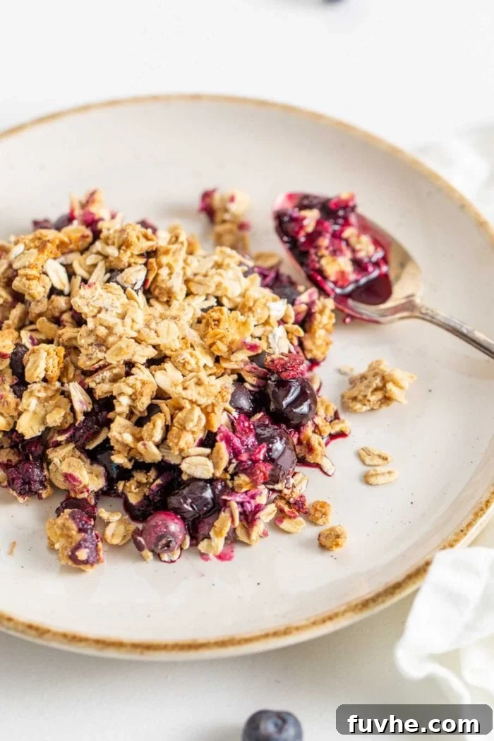 Wholesome Vegan Blueberry Crumble 8 A close-up of a single serving of healthy vegan blueberry crisp on a plate with a spoon, ready to be enjoyed.
