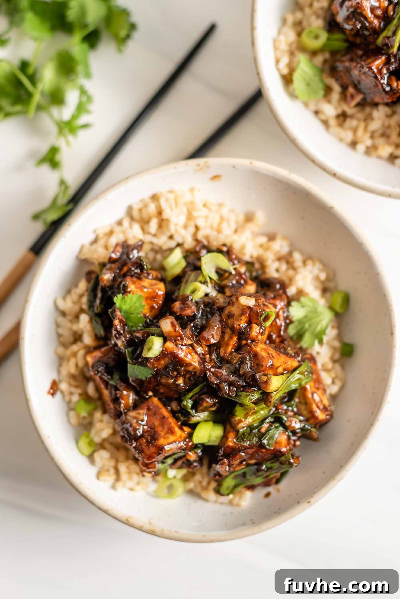 A bowl of crispy black pepper tofu served over rice and garnished with fresh green onions and cilantro.
