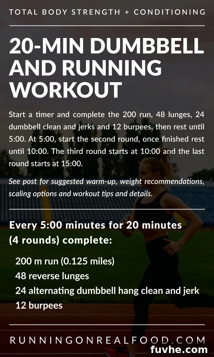 Workout details for a 20-minute running and dumbbell workout, featuring a person performing a dumbbell clean and jerk.
