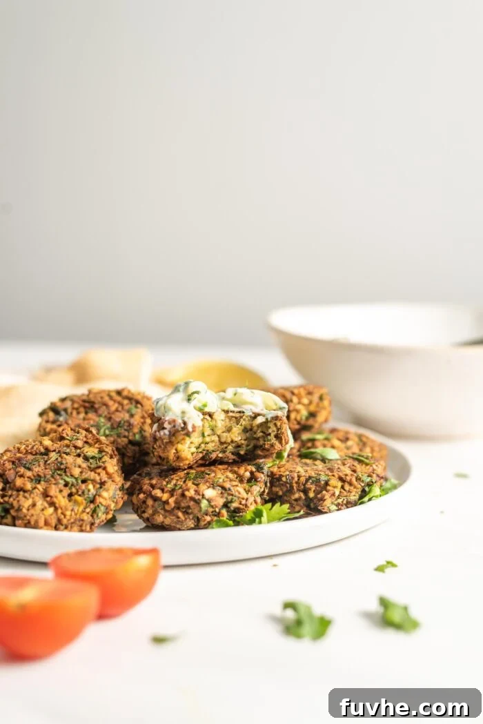 Golden Baked Falafel 13 Crispy baked falafel patties on a plate, with one broken open and drizzled with creamy tzatziki.