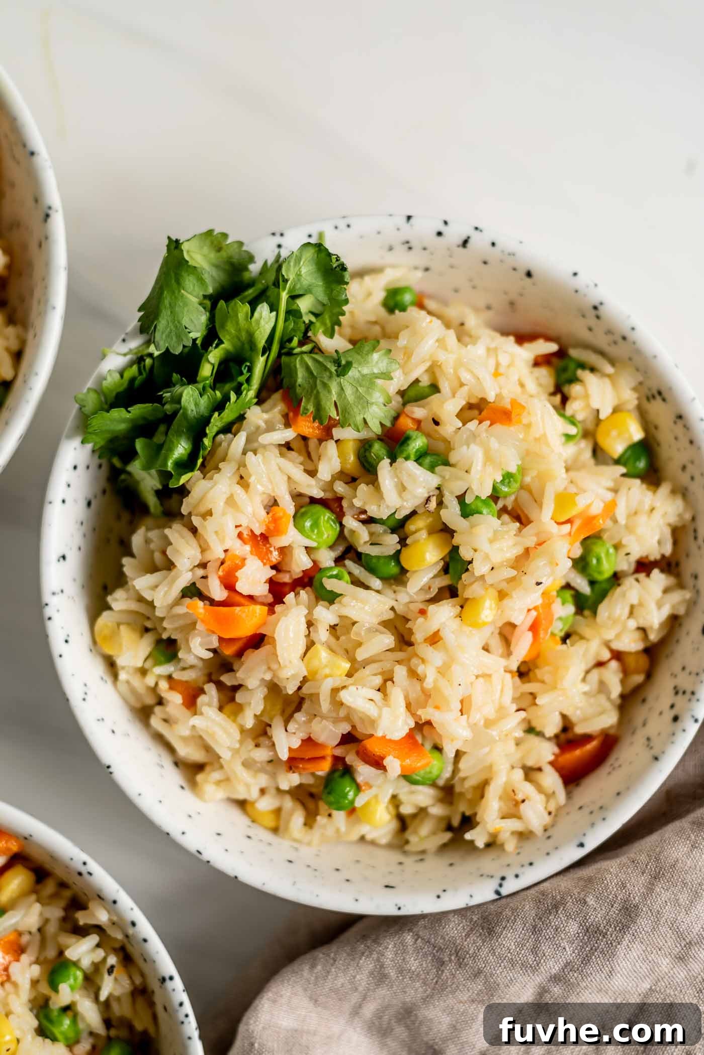 A vibrant bowl of vegan Instant Pot vegetable rice pilaf, garnished with fresh cilantro, featuring tender peas, sweet corn, and diced carrots. This healthy and quick dish is perfect for a plant-based meal.