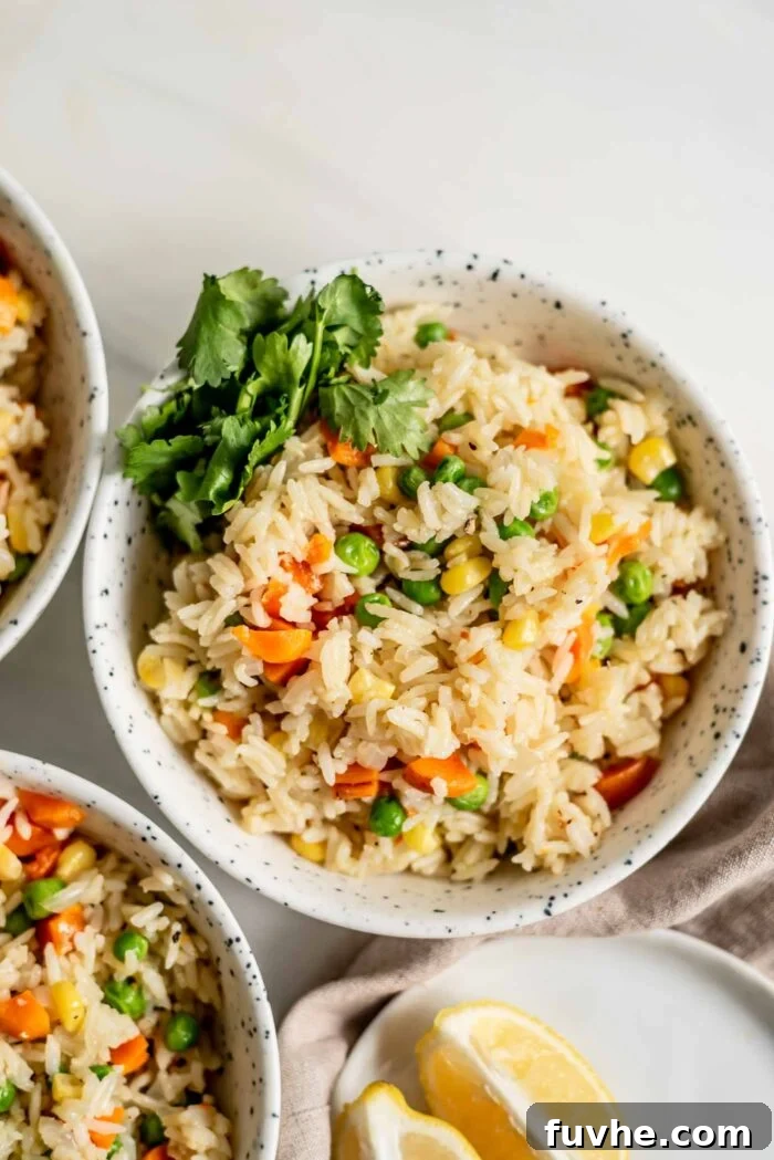 A beautifully presented bowl of vegetable rice pilaf with peas, corn, and carrots, garnished with fresh cilantro, positioned enticingly with two additional bowls just out of frame, suggesting a shared meal.