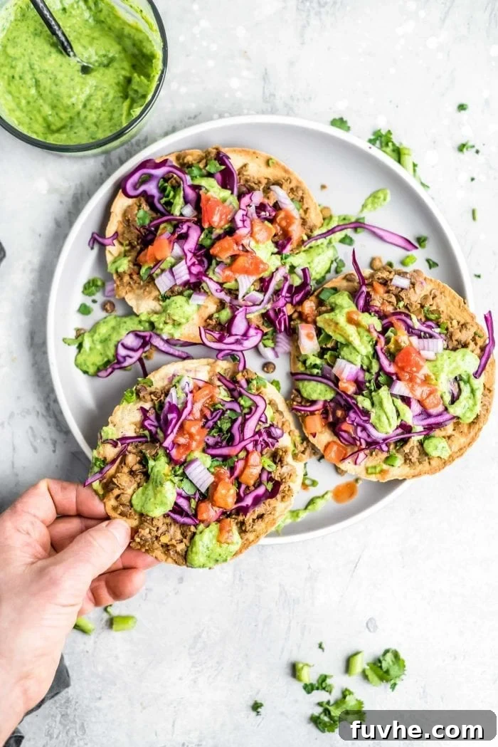 Spiced Lentil Tostadas 2 Vegan Lentil Tostadas Recipe with Avocado Cilantro Sauce - Healthy Plant-Based Meal