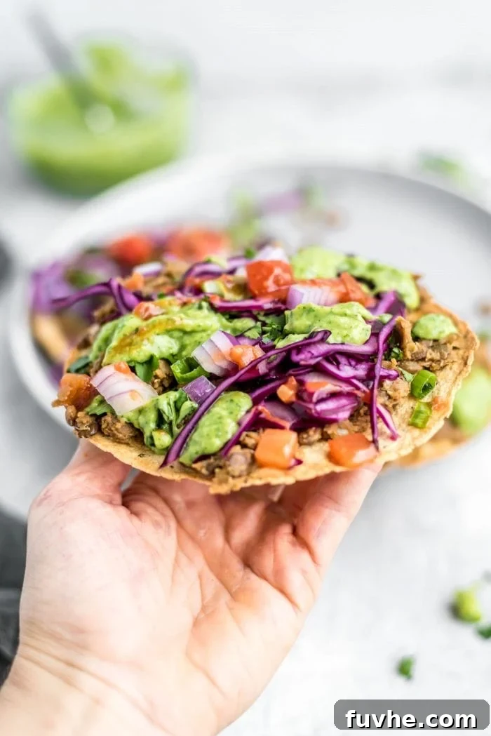 Spiced Lentil Tostadas 6 Vegan Lentil Tostada with Avocado Cilantro Sauce and Cabbage - Perfect Plant-Based Meal