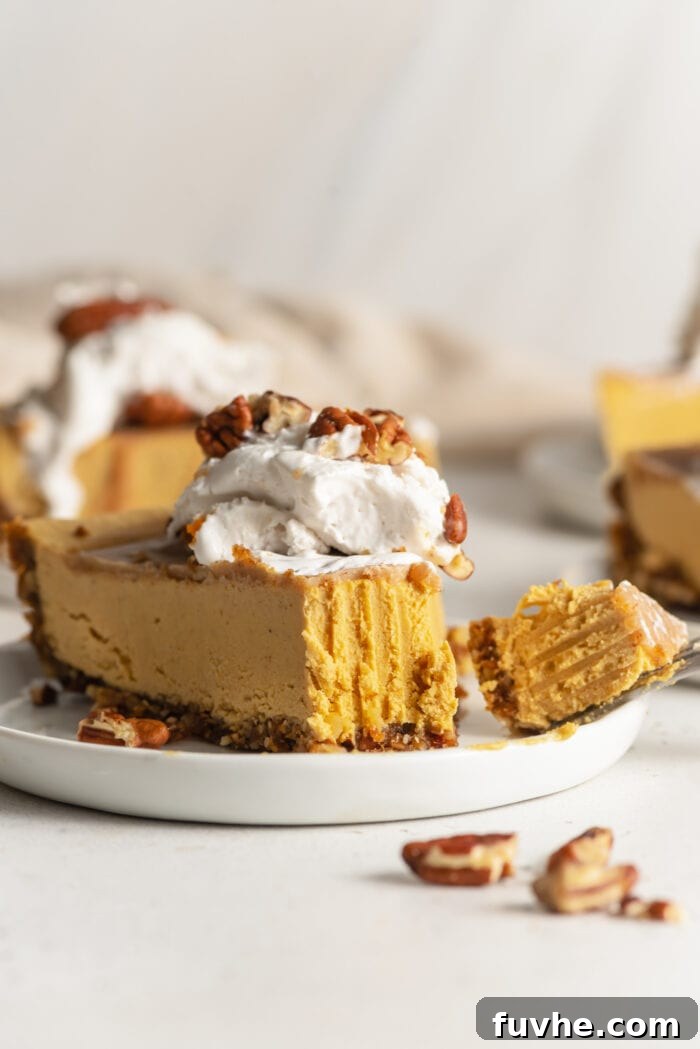 Easy Vegan No-Bake Pumpkin Cheesecake 9 A tantalizing slice of vegan pumpkin cheesecake, topped with a dollop of whipped cream, with a bite taken out by a fork, showcasing its creamy texture.