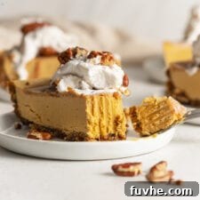 A featured image of a slice of vegan no-bake pumpkin cheesecake, topped with whipped cream, with a bite taken out, perfect for showcasing the delicious dessert.