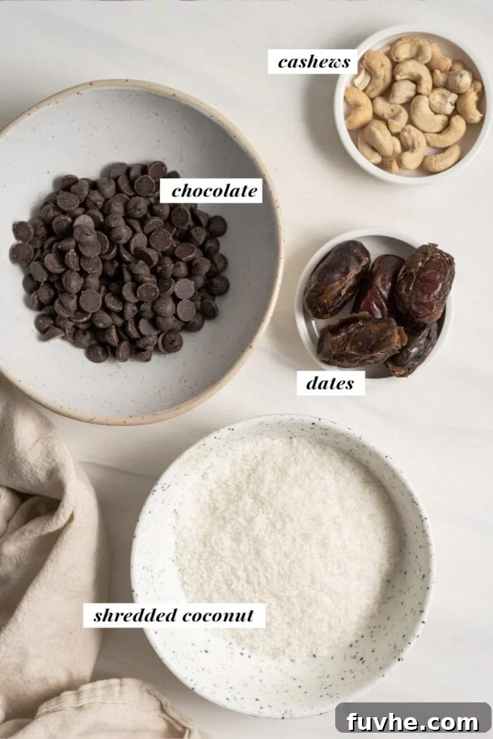 Coconut, cashews, dates and chocolates in bowls, labelled with text overlay.