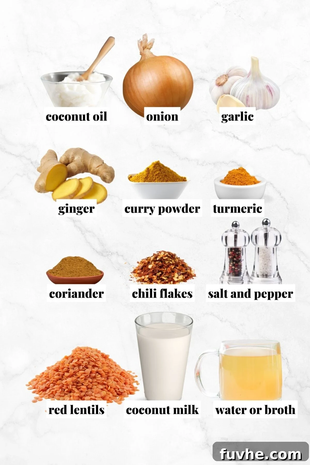 Creamy Vegan Coconut Red Lentil Dahl 3 A flat lay of all fresh and dry ingredients required for making a coconut red lentil dal recipe, including onions, garlic, ginger, spices, lentils, and coconut milk.