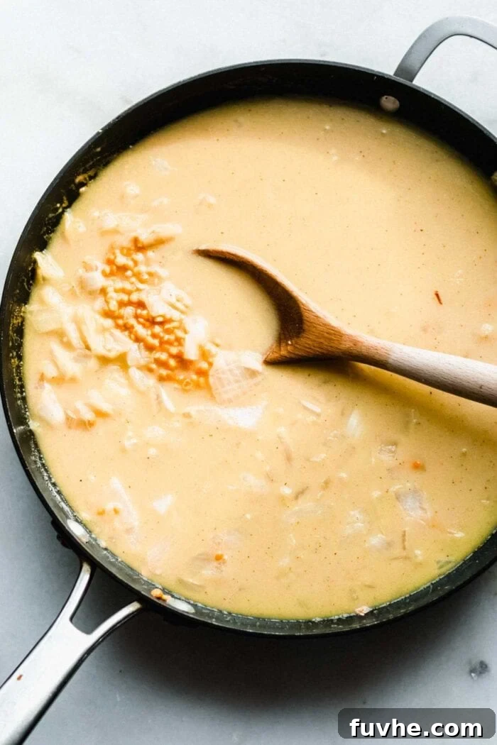 Creamy Vegan Coconut Red Lentil Dahl 5 A cooking spoon stirring coconut milk, dry red lentils, and sautéed onions in a large pot, integrating all the ingredients.