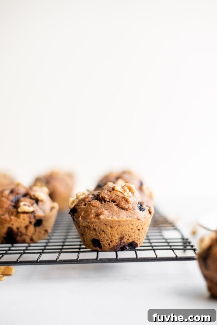 Warm vegan blueberry muffins cooling on a wire rack after being removed from the muffin tin, ready to be enjoyed.