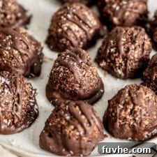 Close up of chocolate coconut macaroons on a white plate sitting on a cooling rack.