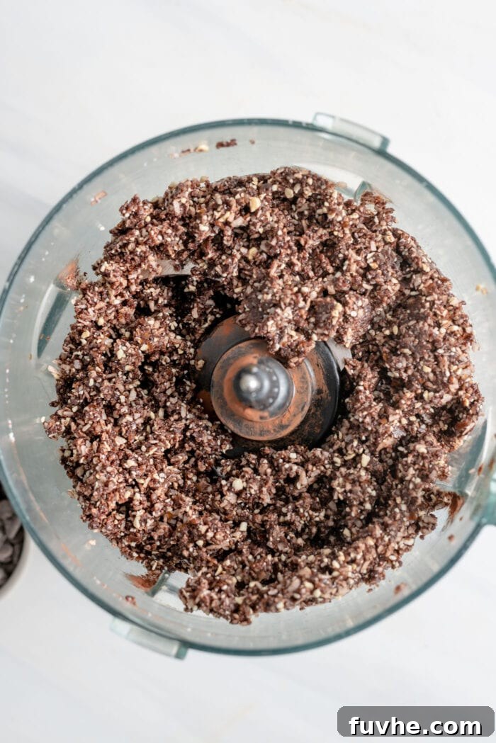 Decadent Vegan Chocolate Macarons 6 Blended, crumbly chocolate dough in a food processor.