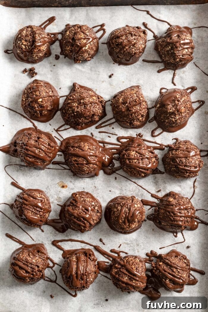 Decadent Vegan Chocolate Macarons 10 Baking tray of chocolate macaroons covered in drizzled melted chocolate.
