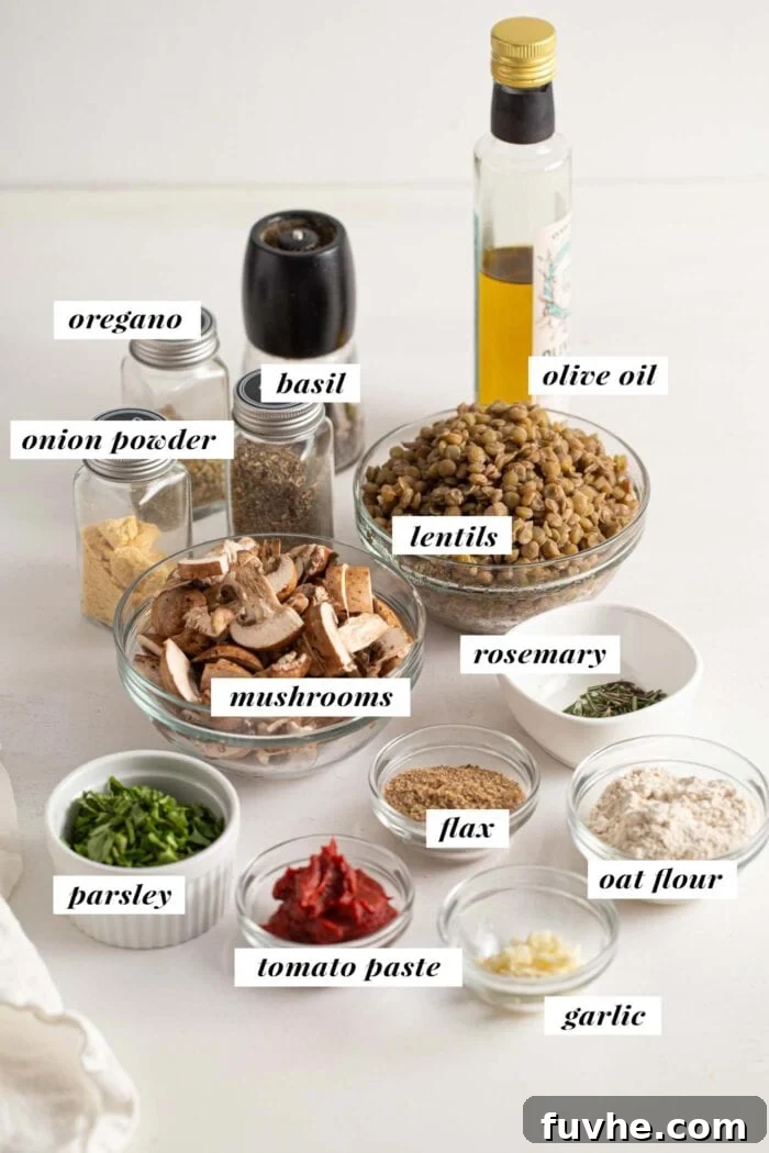Savory Lentil Plantballs 3 A visual guide displaying all the fresh and dry ingredients meticulously arranged for making delicious vegan lentil meatballs, each component clearly labeled.