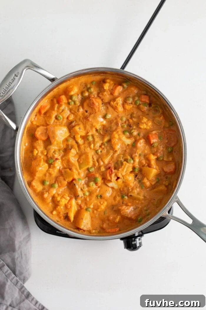 Creamy Vegan Vegetable Korma 10 An overhead shot of the finished vegan vegetable korma in a large skillet, rich and creamy, garnished with fresh herbs and ready to be served.