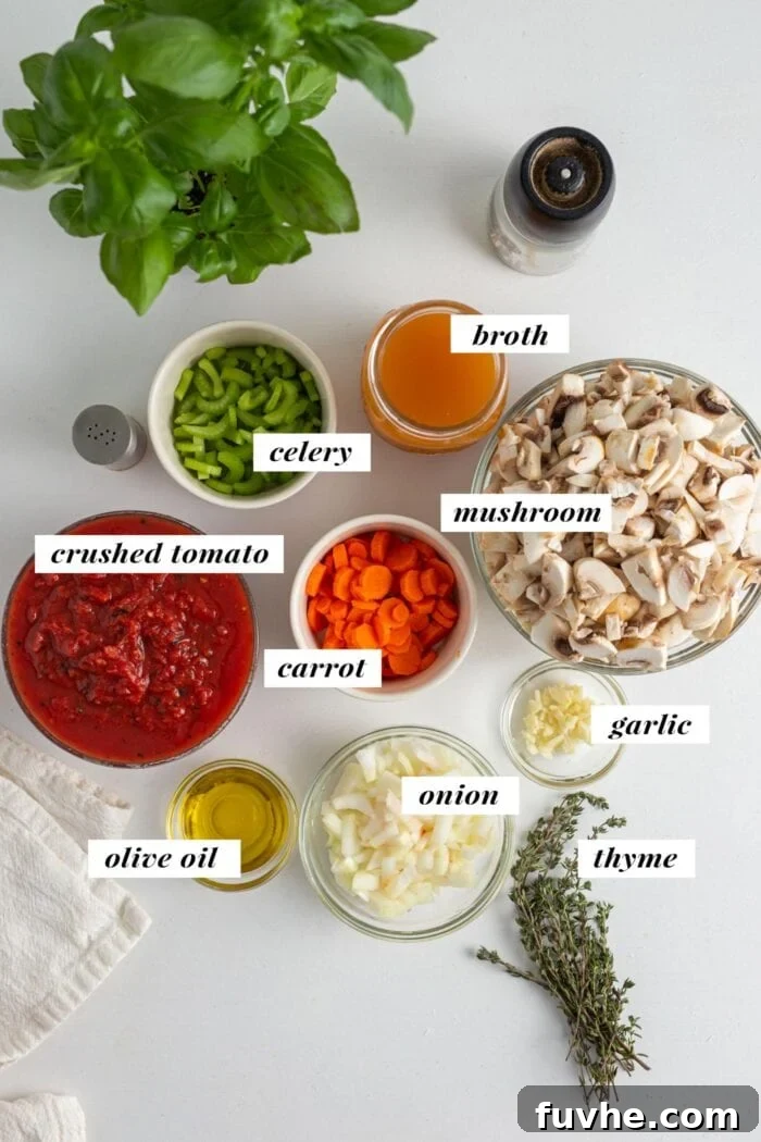 Hearty Vegan Mushroom Bolognese 3 Visual of all ingredients needed for making a vegan mushroom bolognese sauce. Each ingredient is labelled with text overlay.