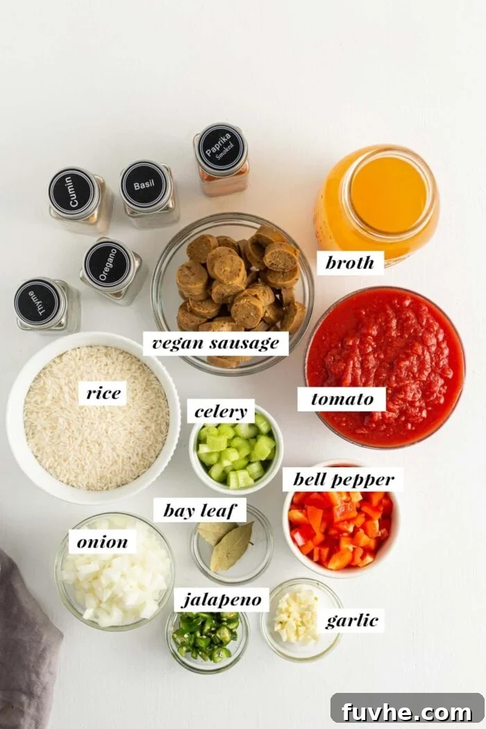 Visual of all ingredients needed to make a vegan jambalaya recipe, neatly arranged on a countertop.
