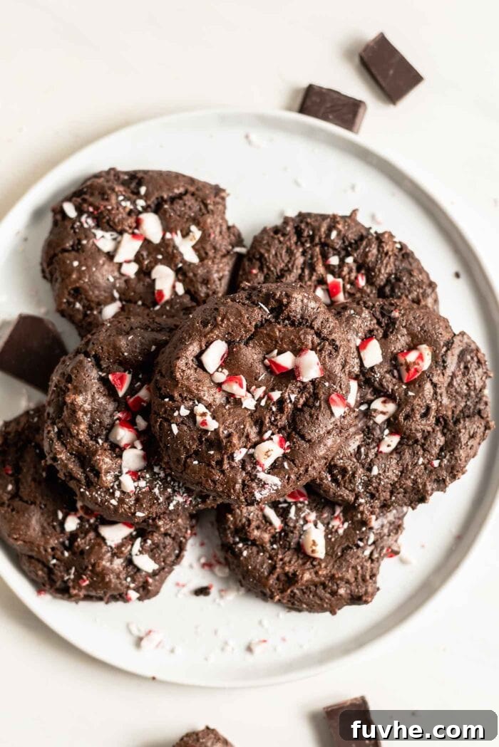 Irresistible Vegan Chocolate Peppermint Delights 9 A beautifully arranged plate of vegan chocolate peppermint cookies, garnished with crushed candy canes.