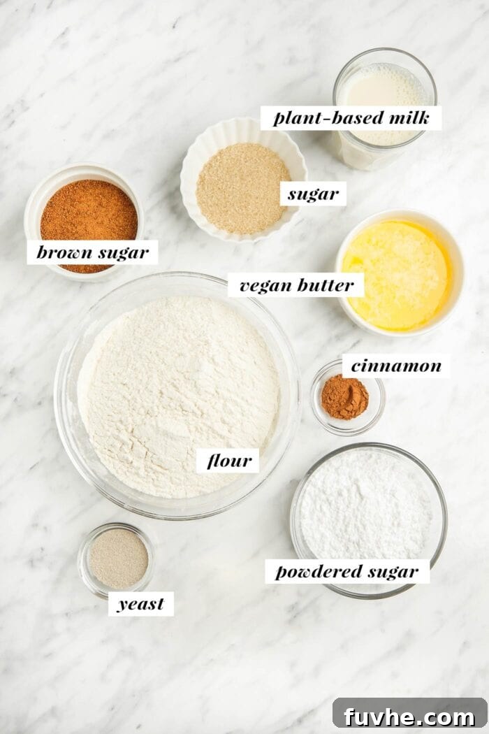 A visual collage of ingredients for making vegan monkey bread, neatly labelled for easy identification.
