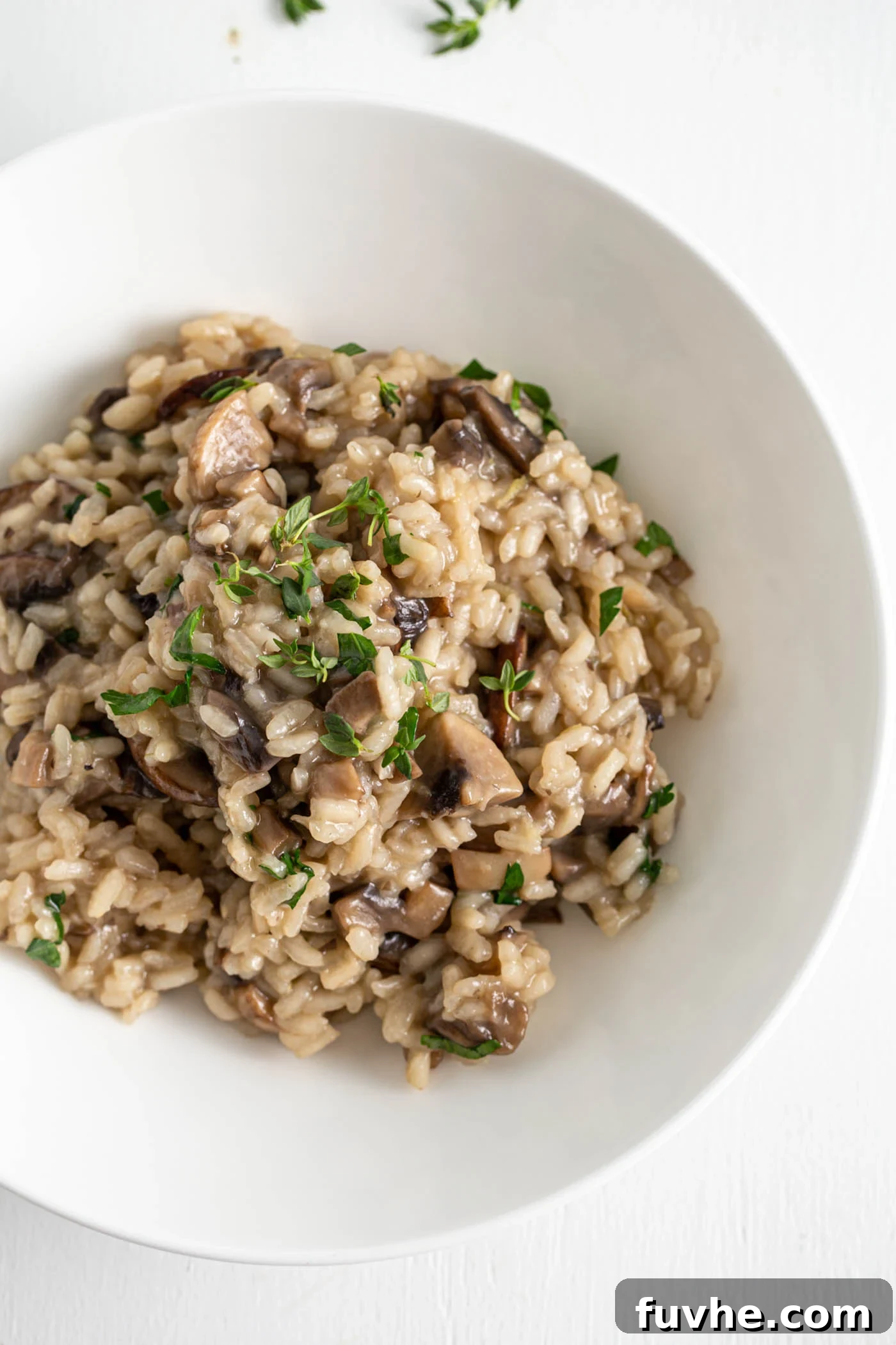 Overhead image of vegan mushroom risotto topped with fresh parsley in an elegant bowl, ready to be served.