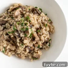 Overhead image of vegan mushroom risotto topped with parsley in a bowl.