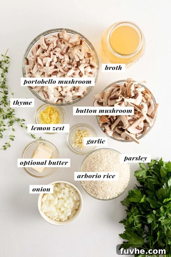 Visual of all fresh and dry ingredients meticulously arranged for making a vegan mushroom risotto recipe, showcasing their quality and readiness.