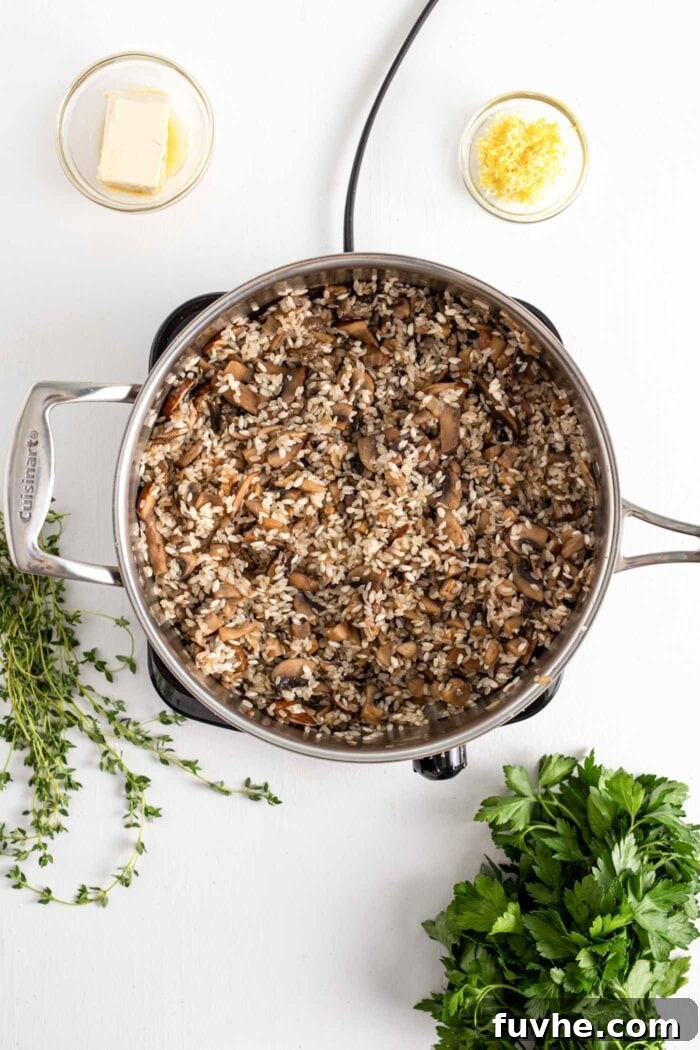 Arborio rice mixed with cooked mushrooms and aromatics, being toasted in a small skillet on a cooktop, enhancing its nutty flavor.