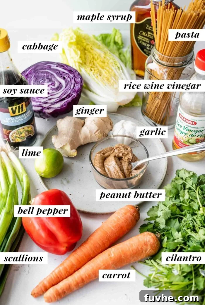 Refreshing Asian Peanut Noodles 3 Labelled ingredients for an Asian noodle salad.