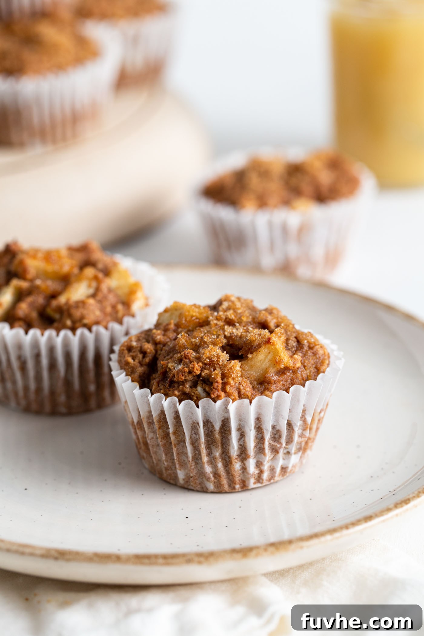 Two applesauce muffins on a plate. More muffins in background.