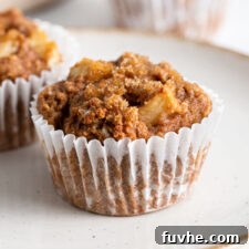 Two applesauce muffins on a plate. More muffins in background.