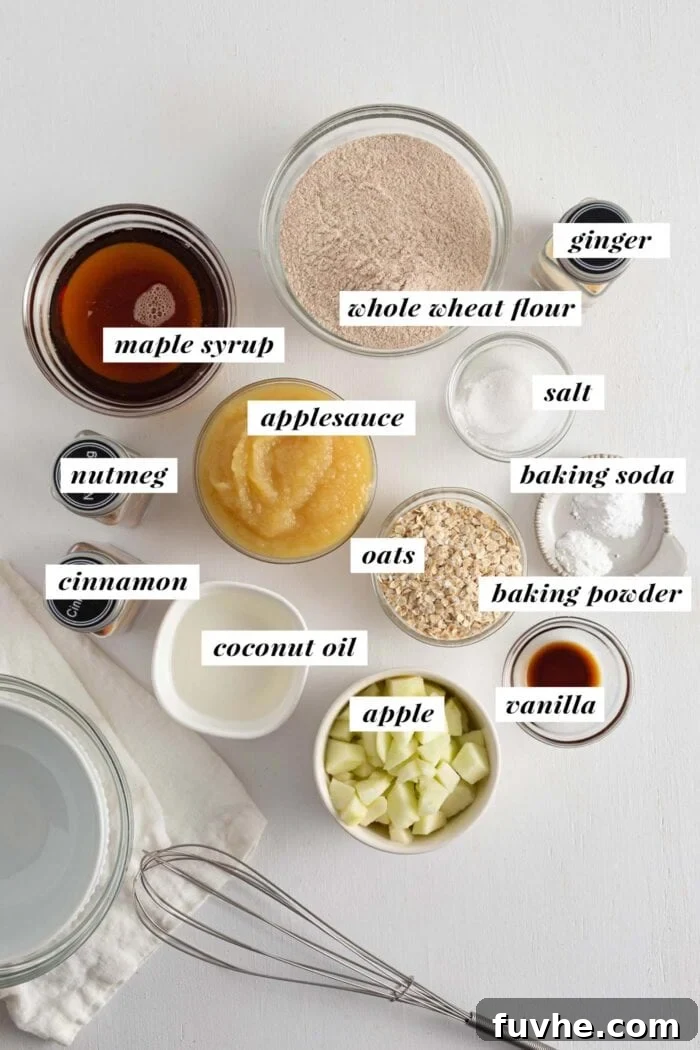 Visual of ingredients needed for making applesauce muffins. Each ingredient is labelled with text overlay.