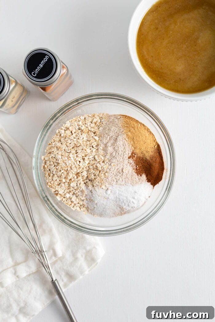 Oats, cinnamon, baking powder, nutmeg and ginger in a bowl.
