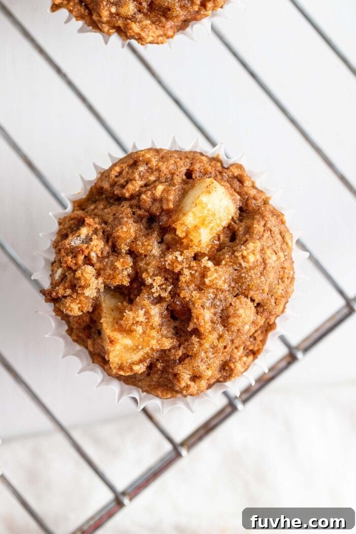 Overhead view of an apple muffin topped with brown sugar.