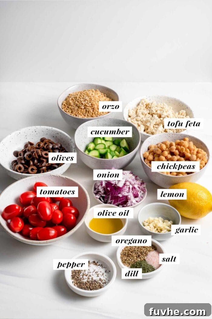 Visual of ingredients needed for making an orzo salad labelled with text overlay.