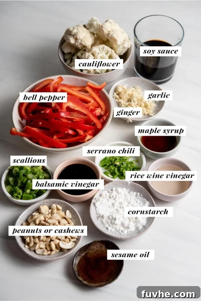 Crispy Kung Pao Cauliflower 3 Visual list of ingredients for kung pao cauliflower. Each ingredient is labelled with text overlay.