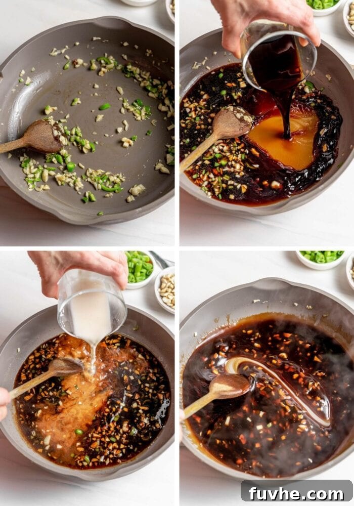 Crispy Kung Pao Cauliflower 5 Visual step by step instructions for making kung pao sauce in a skillet.