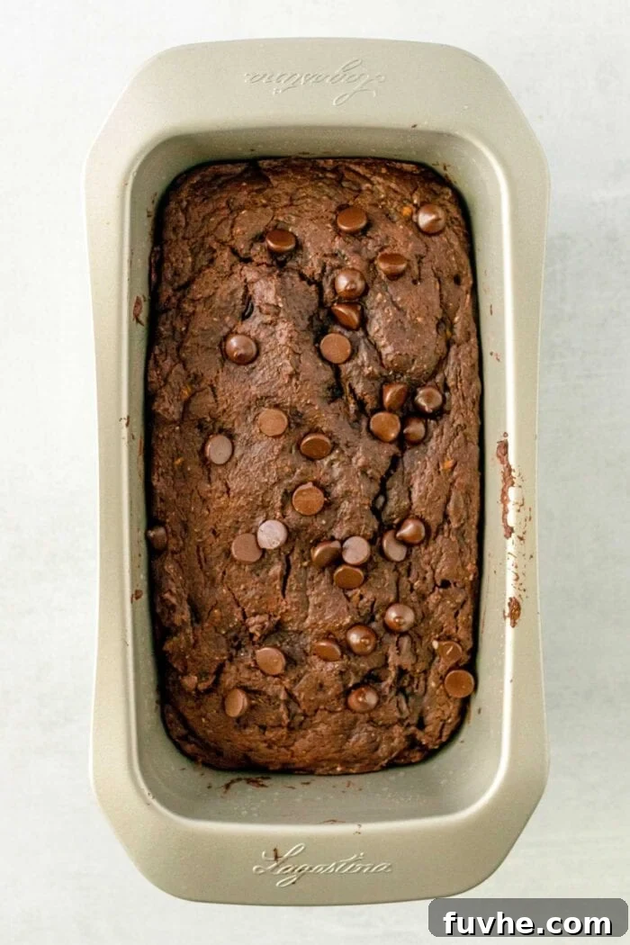 Fudgy Plant-Based Chocolate Zucchini Loaf 9 Baked chocolate loaf topped with chocolate chips in a loaf pan.