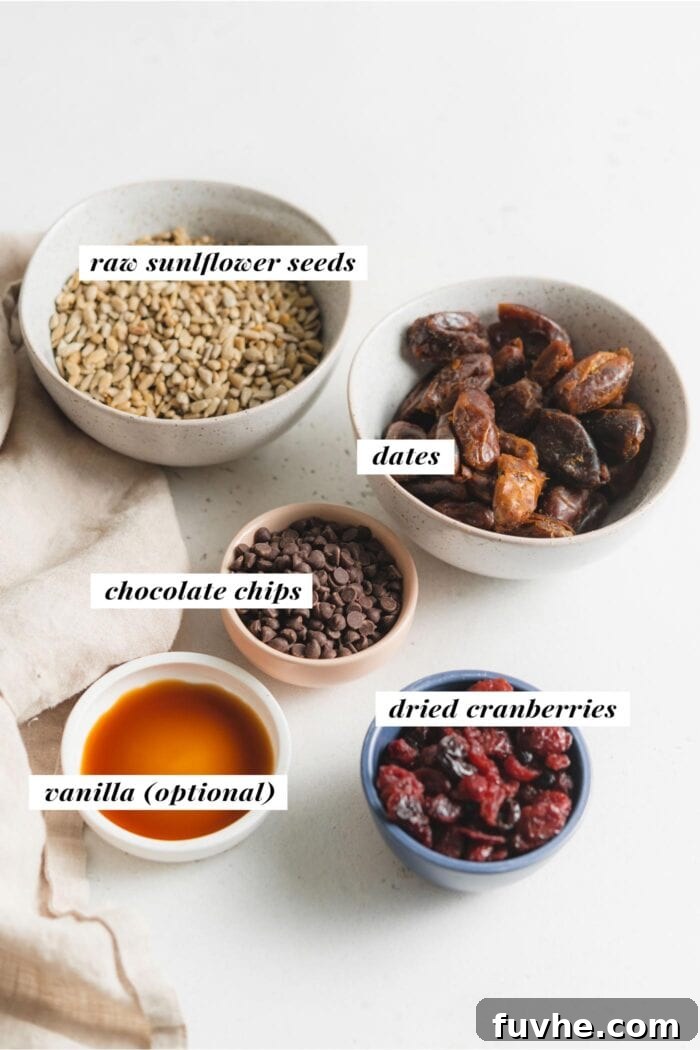 Visual of ingredients needed for making sunflower seed energy balls, each ingredient is labelled with text overlay. Includes dates, sunflower seeds, dried cranberries, and chocolate chips.