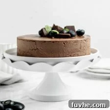 A chocolate cake topped with a few blueberries on a decorative cake stand.