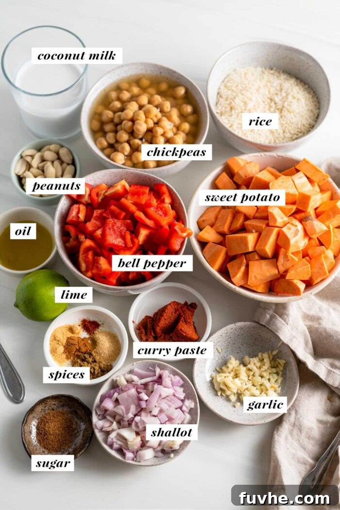 Hearty Sweet Potato Chickpea Coconut Curry 3 Visual overview of all fresh and pantry ingredients meticulously laid out, essential for preparing a vibrant sweet potato and chickpea curry, each clearly labeled for easy identification.