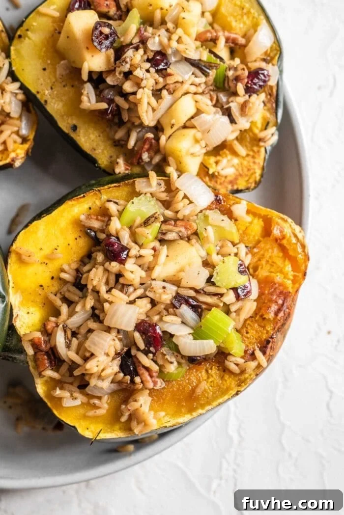 Golden Acorn Feast 11 Two halves of roasted acorn squash stuffed with rice, cranberries, pecans, apple and celery, ready to serve.
