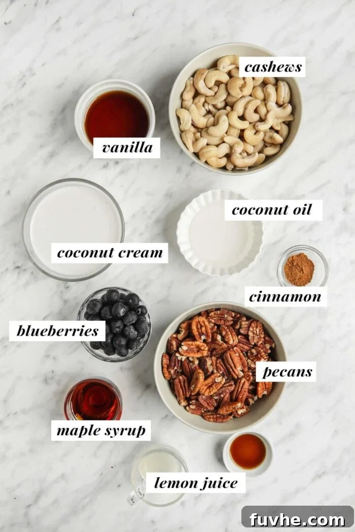 A beautifully arranged visual display of all the natural ingredients required to make a raw vegan blueberry cheesecake, including cashews, blueberries, maple syrup, and coconut oil.