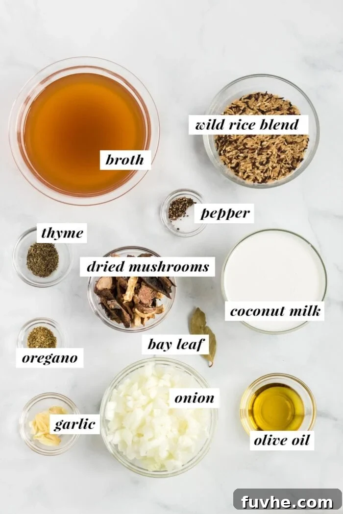 A vibrant visual display of fresh and dried ingredients meticulously laid out, ready for preparing a delicious wild rice and mushroom soup.